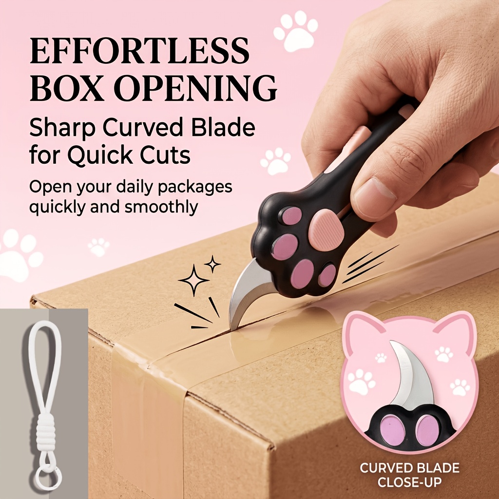 2pcs set 1 cute cat paw retractable box cutter 1 lanyard portable pocket opener anti slip handle for household package cutting crafting back to desktop accessories Product details 0