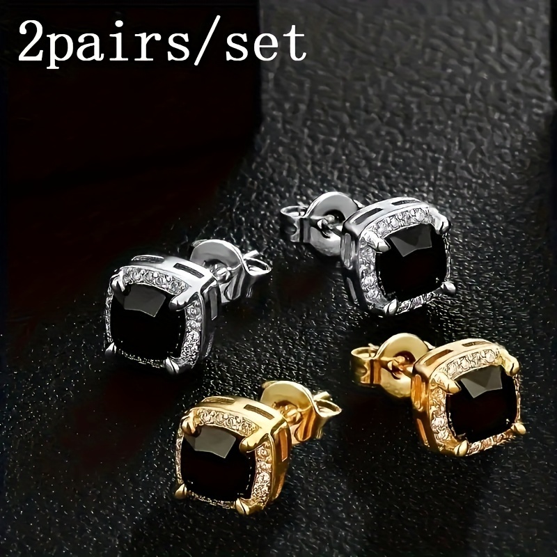 

2 Pairs Of 6mm Square Black Zirconia Stud Mini Earrings For Men And Women, Cool Fashionable Hip-hop Style Personalized Punk Jewelry