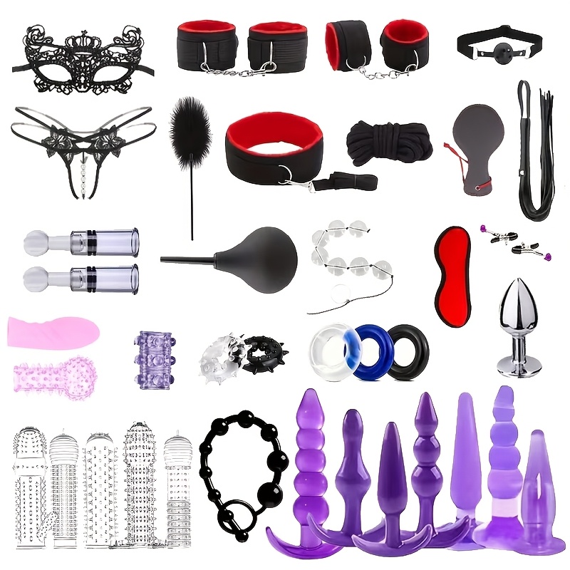 42pcs BDSM Bondage Kit For Sexy Lingerie And Panties, Breast Suction, Mask For Role Reversal, Anal Plug, Bondage Restraint Tools, Play Handcuffs Blindfold, And Spanking Accessories -Safe, Adult Sex Toys For Women And Men, Valentine'S Day Gifts