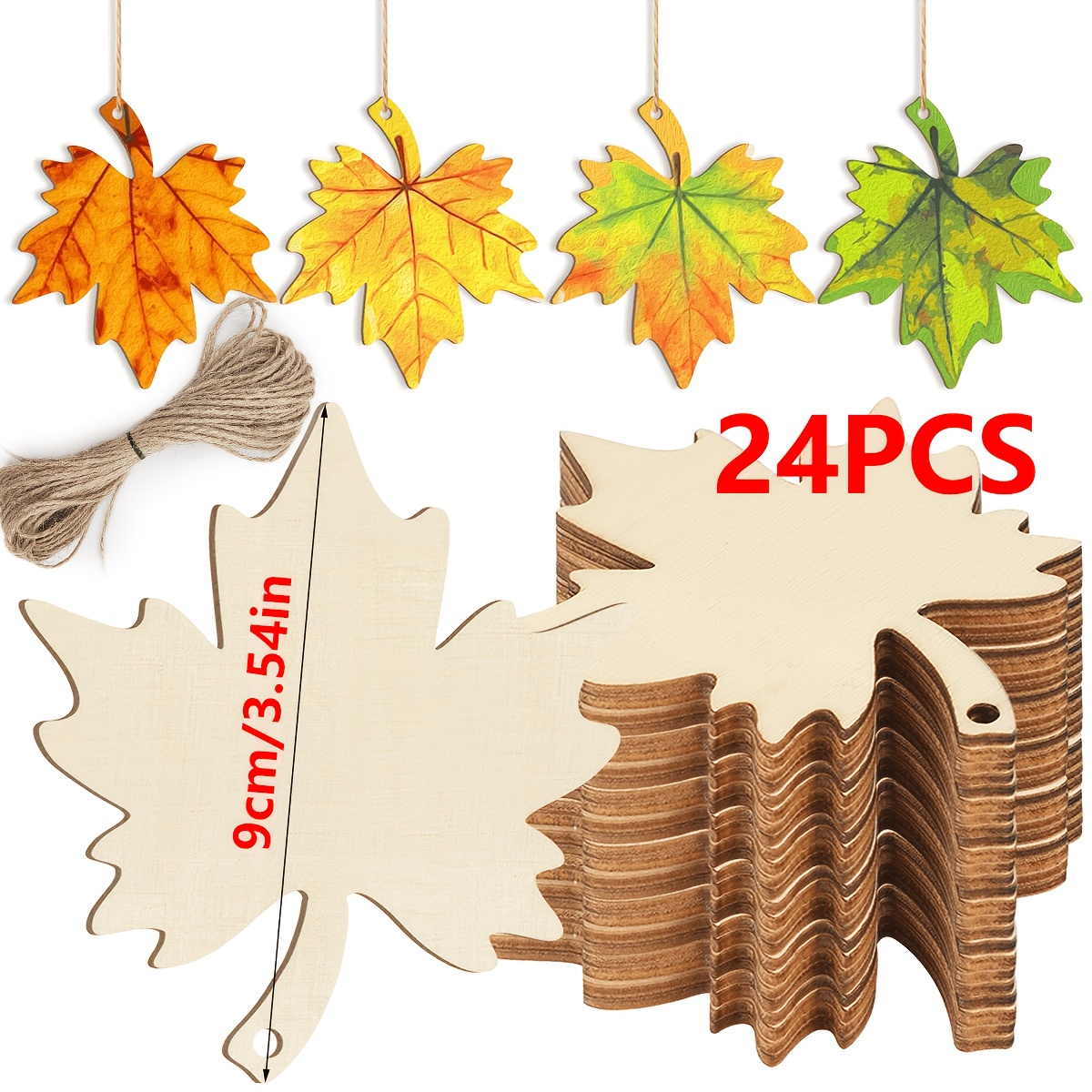 TEMU 12/24 stuks Houten Esdoornblad Herfst Hangdecoraties met 10M Jute Touw Halloween Thanksgiving Decor Gesneden Blanks Esdoornhout Schijf Decor