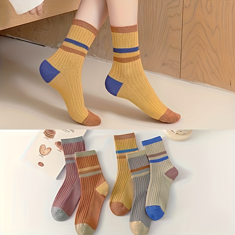 TEMU 5 Pairs Colorblock Striped Socks, Comfy & Breathable Mid-calf Socks, Women's Stockings & Hosiery