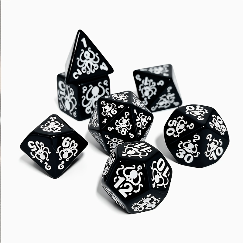 Black Polyhedral Dice Set with Octopus Carved Pattern