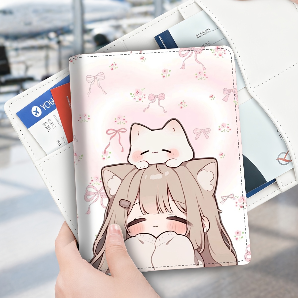 TEMU 1pc Cute Kawaii Cat Girl Anime Passport Holder - Pu Travel Id Holder Suitable For , Boarding Passes & Luggage, Lightweight For, Gym, Vacation -