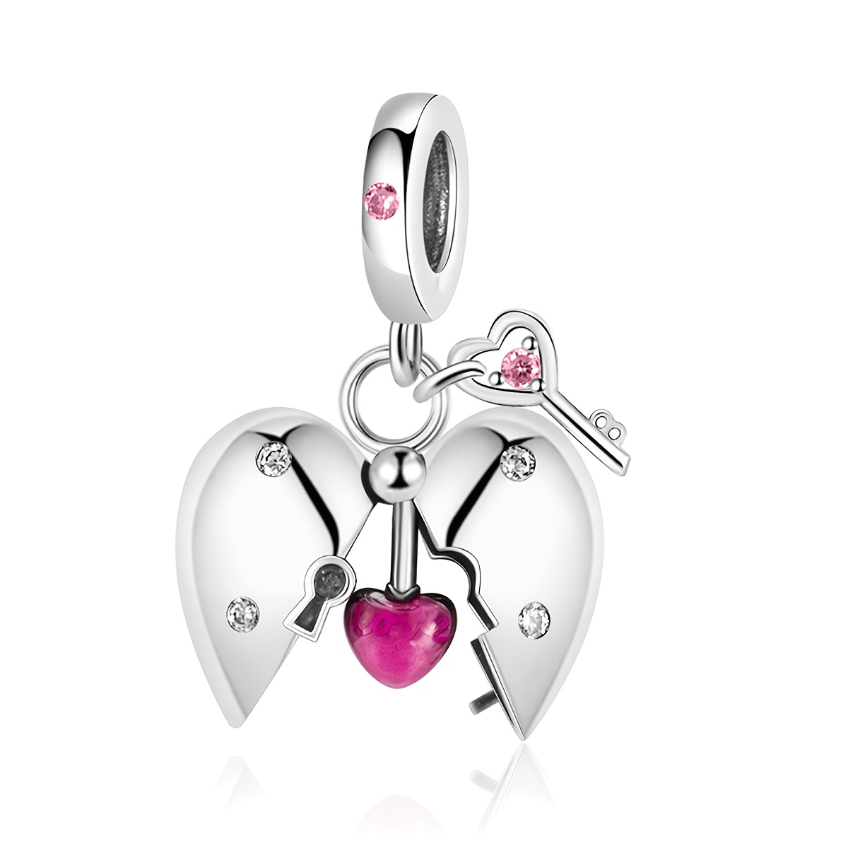 Silvery Plated Copper Split Heart Key Dangle Charm