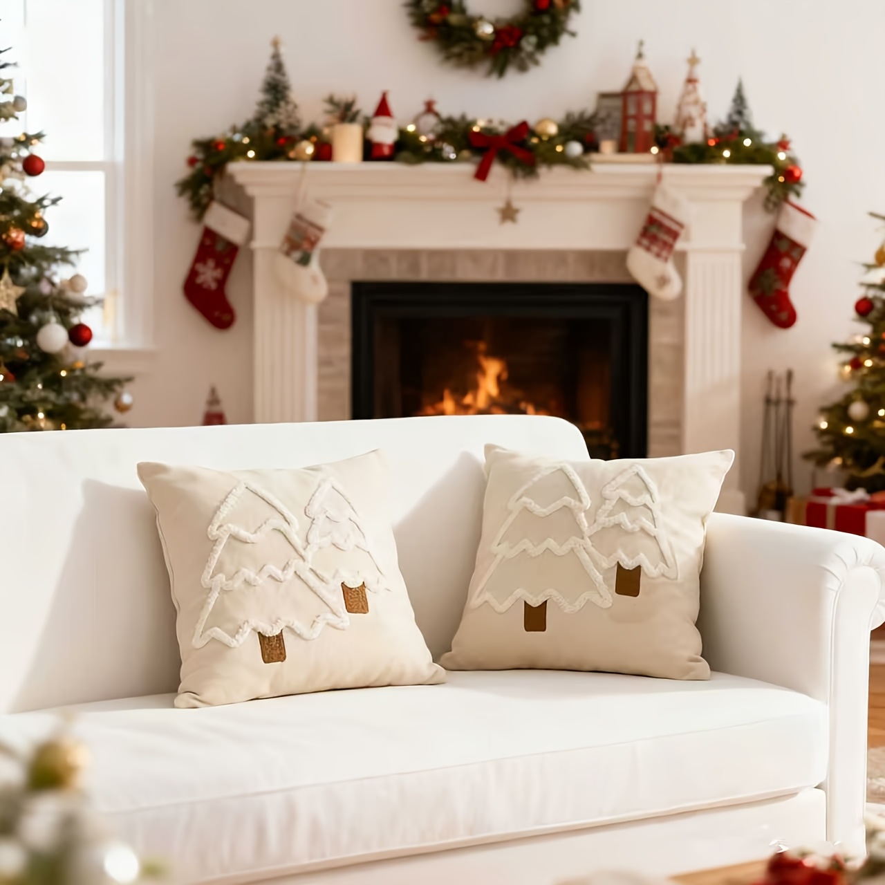 2pcs Christmas Decorative Pillowcase Set, Christmas Tree Embroidered Square Pillow Covers, Suitable For Room, Sofa, Bed, Christmas Decorations