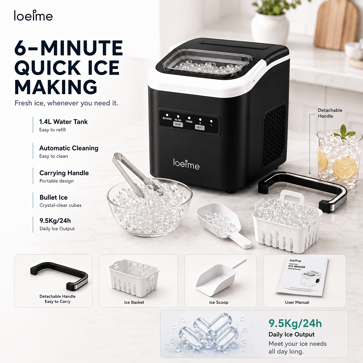 New Large-capacity Ice Maker - Loefme Ice Maker: Production, Portable With A Handle, Self-cleaning, Ideal For Home, Office, Outdoor Camping And Parties