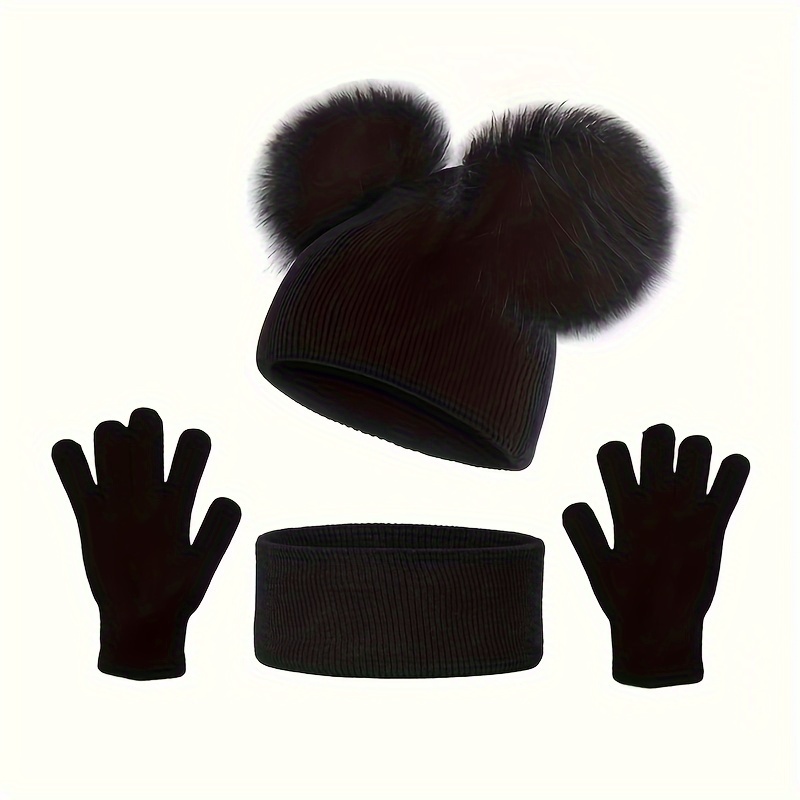 Double Pom-pom Solid Easy Beanie Scarf Gloves 3pcs Set
