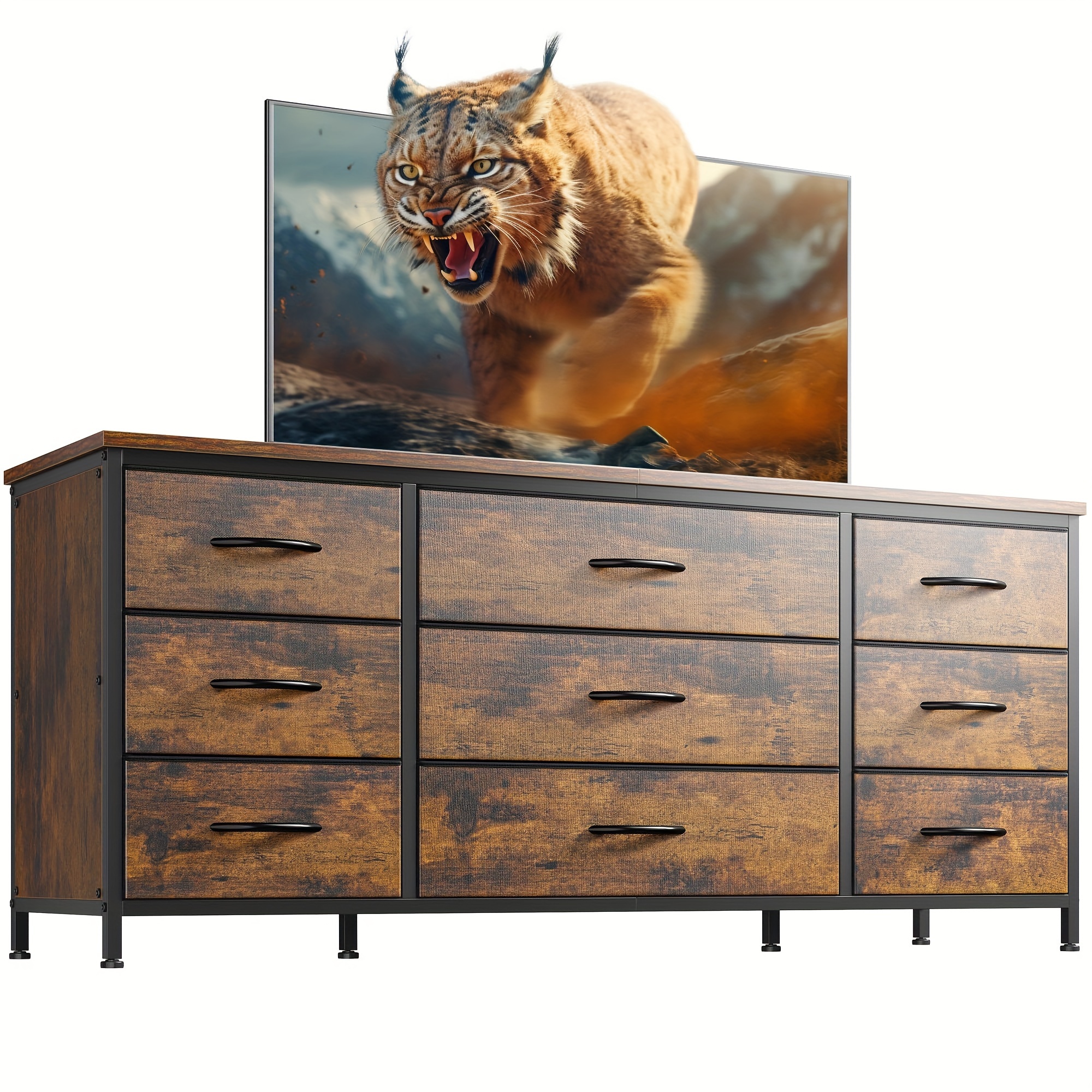 

Dresser Tv Stand With Drawers, Media Console Table For 60 '', With 9 Drawers For Bedroom, Entertainment Center With Sturdy Metal Frame & Wood Top, Living Room, Closet, Rustic Brown