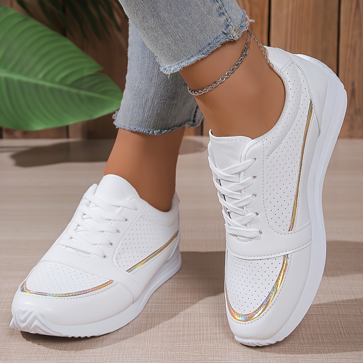 womens white casual sneakers breathable comfortable low top Temu