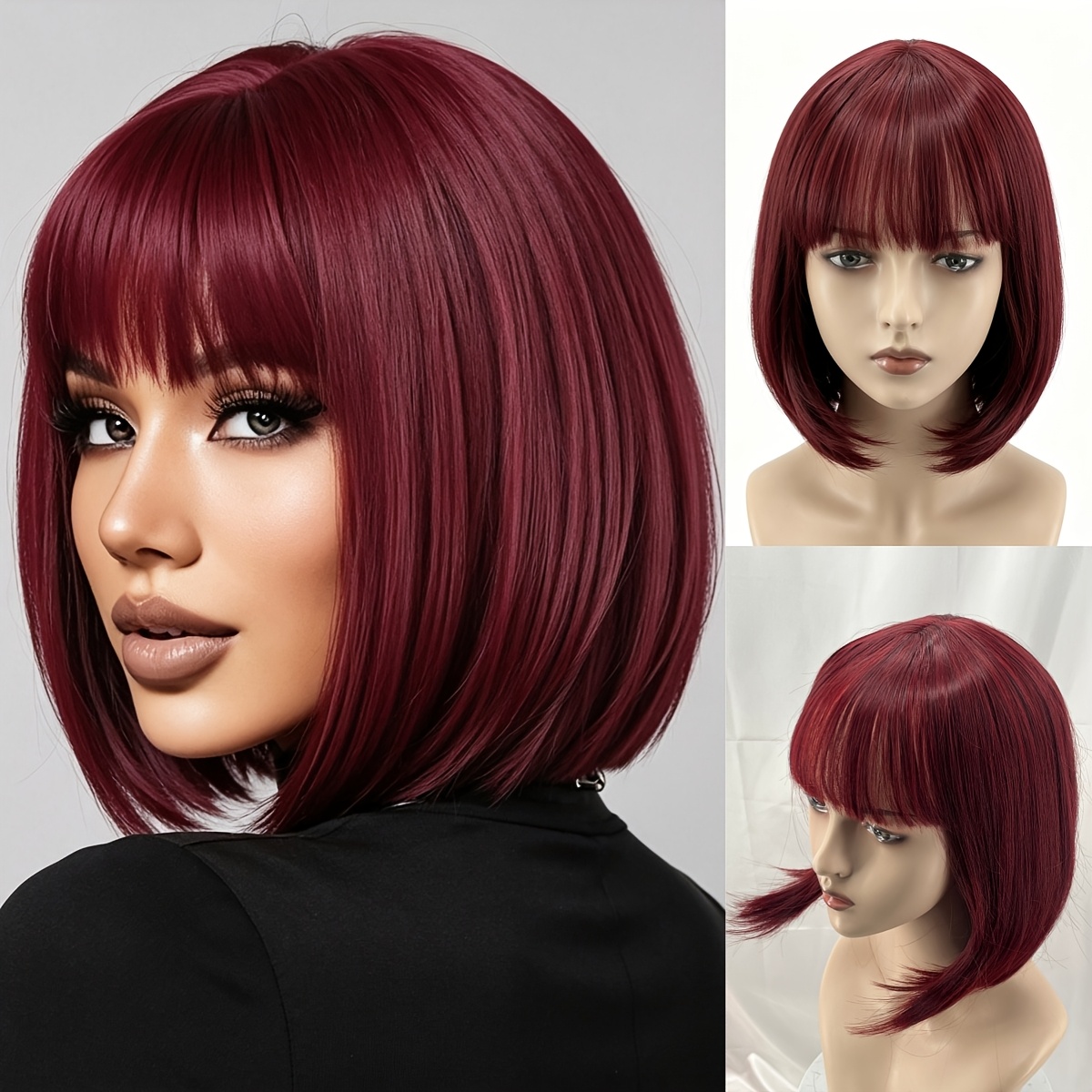 TEMU Women' 12-inch Short Bob Wig With Bangs Suitable For - Adjustable Breathable, Heat-resistant Synthetic Hair, Straight Hair For Daily Wear, &
