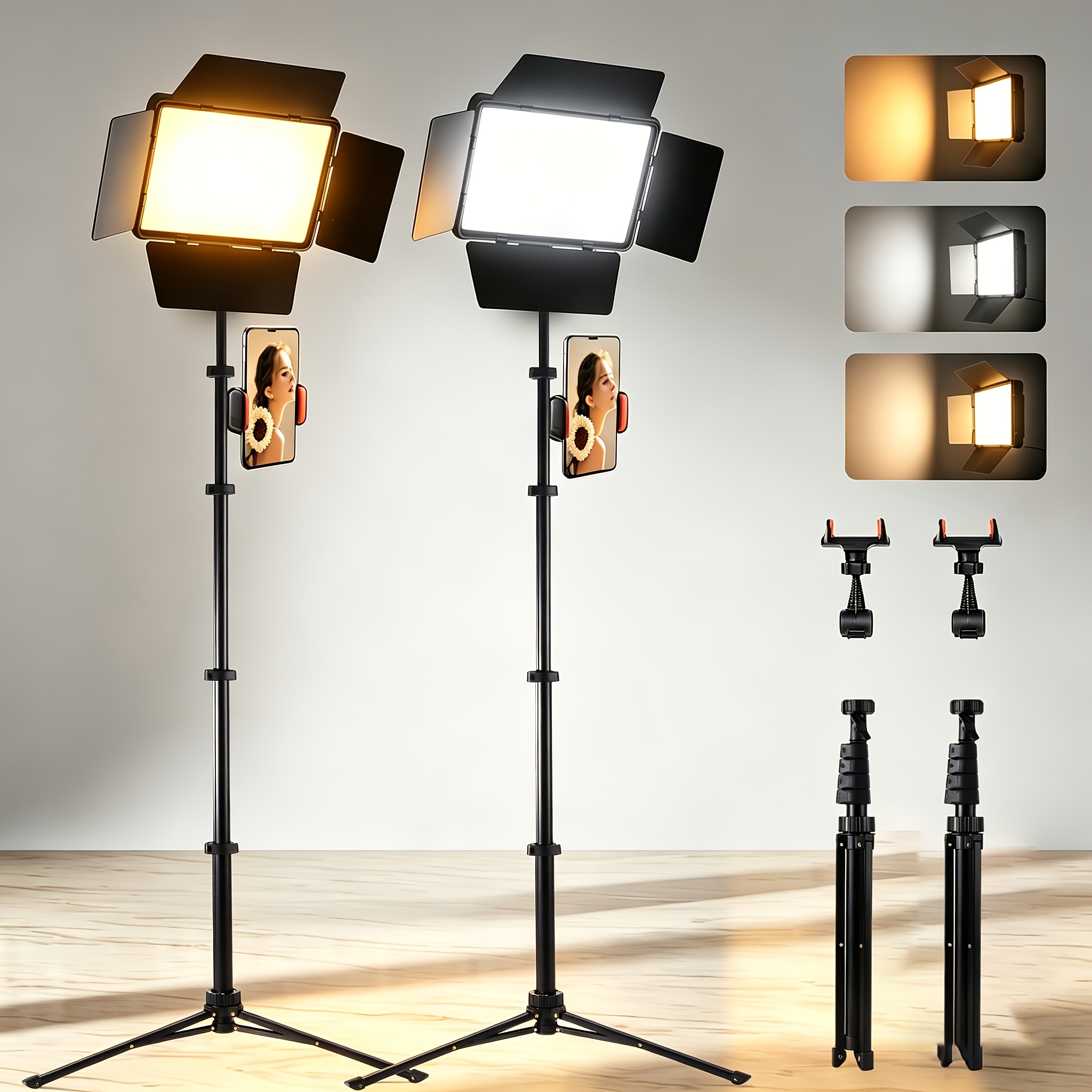 TEMU 2pcs Set -10 Inch Led Panel Light With 63 Inch Adjustable Tripod, 3 Lighting , Usb Powered Led , With Adjustable Bracket And Phone Clip -