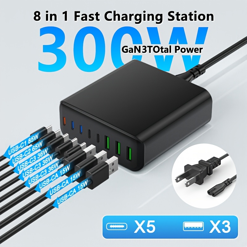 TEMU Station de charge USB à 8 ports 300W - Block amélioré PD 100W pour ordinateur portable, téléphone portable, chargeur mural, adaptateur