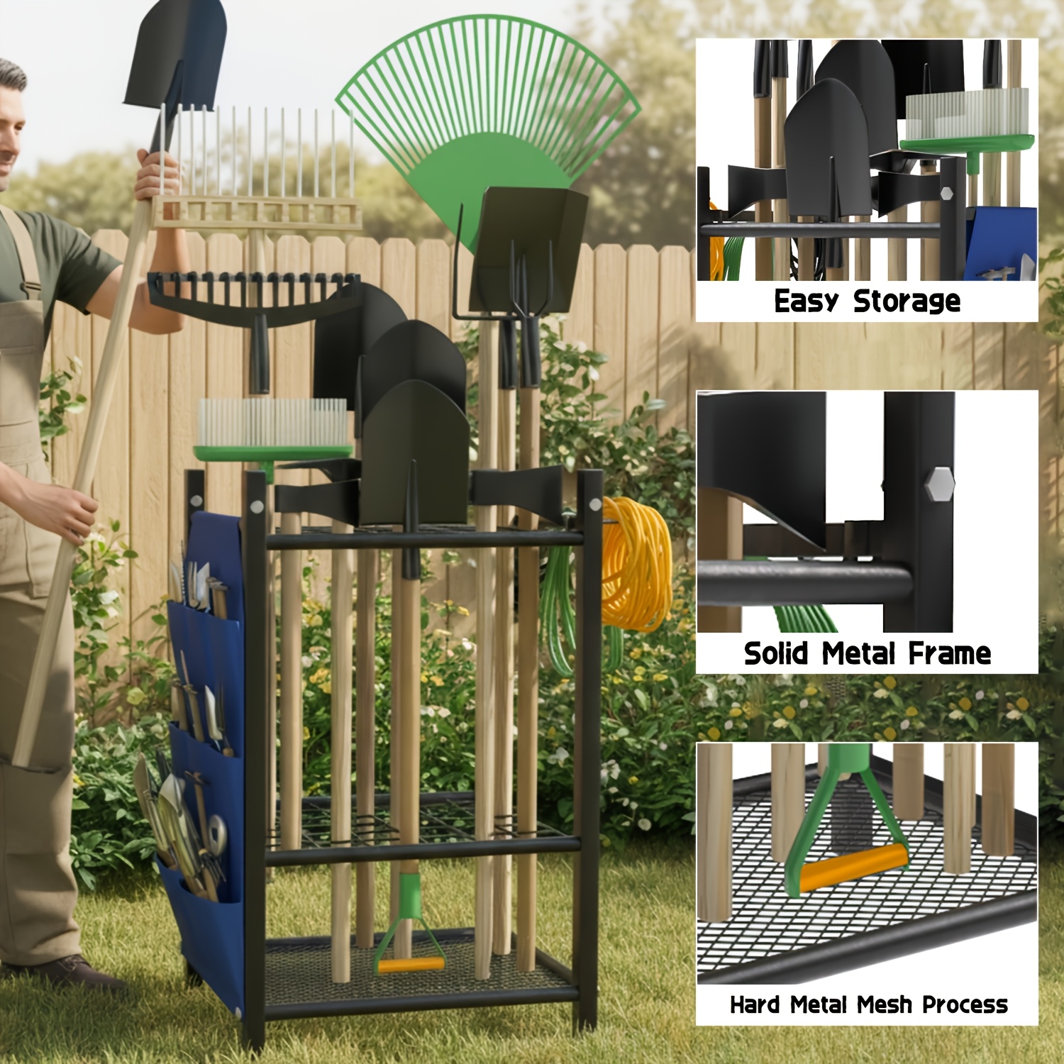 TEMU 2026 Heavy-duty Gardening Tool Storage Rack, Courtyard , Garage Storage And Sorting Rack, Suitable For Long Handled Tools, Rakes, Brooms, With