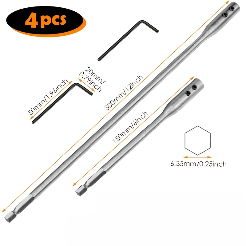 TEMU Set di punte di prolunga da trapano 1/4, 4 pezzi/set, acciaio al carbonio ad , porta punte di prolunga per trapano, per punta a spatola per