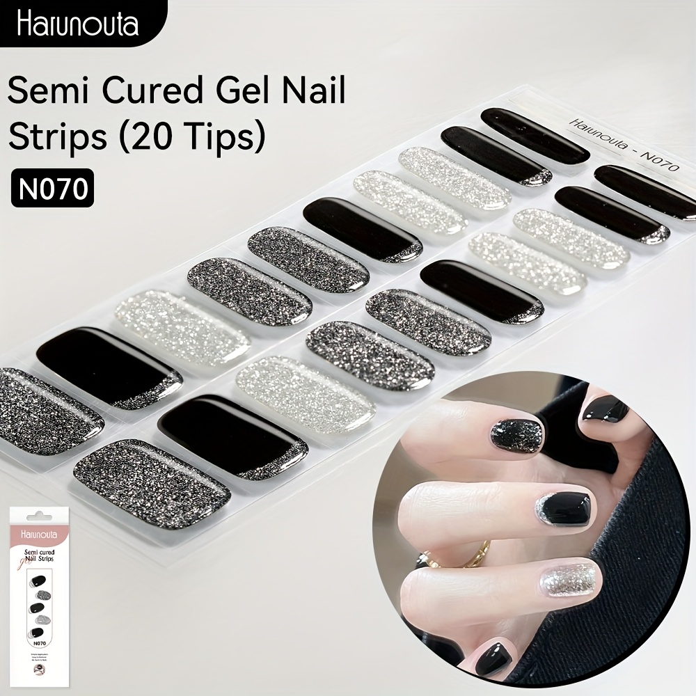 Image of Harunouta 20strips Semi Cured Gel Nail Strips Black Glitter Gel Nail Stickers Shiny Gel Nail Wraps Gel Polish Stickers Nail Art Manicure For Nails N070