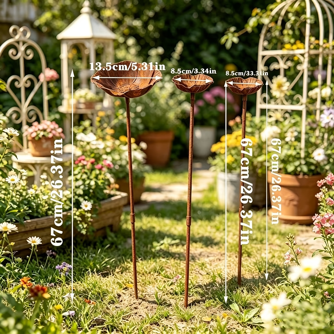 TEMU 3pcs Vintage Wrought Waterer And Feeder Set With 3 Ground Stakes And 3 Extension Rods, Featuring A Distressed Rust-colored Finish. Standing , It
