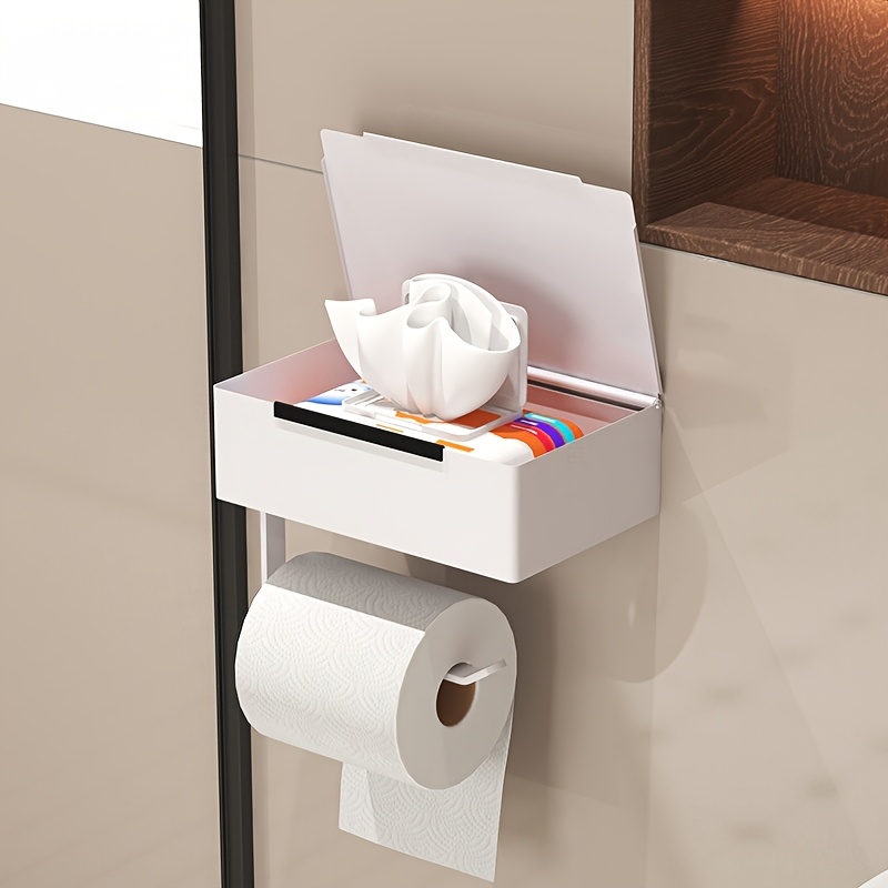 non drilling bathroom tissue box roll paper storage rack wall mounted tissue holder with phone holder household bathroom storage room storage shelf bathroom decoration   in white and black 0