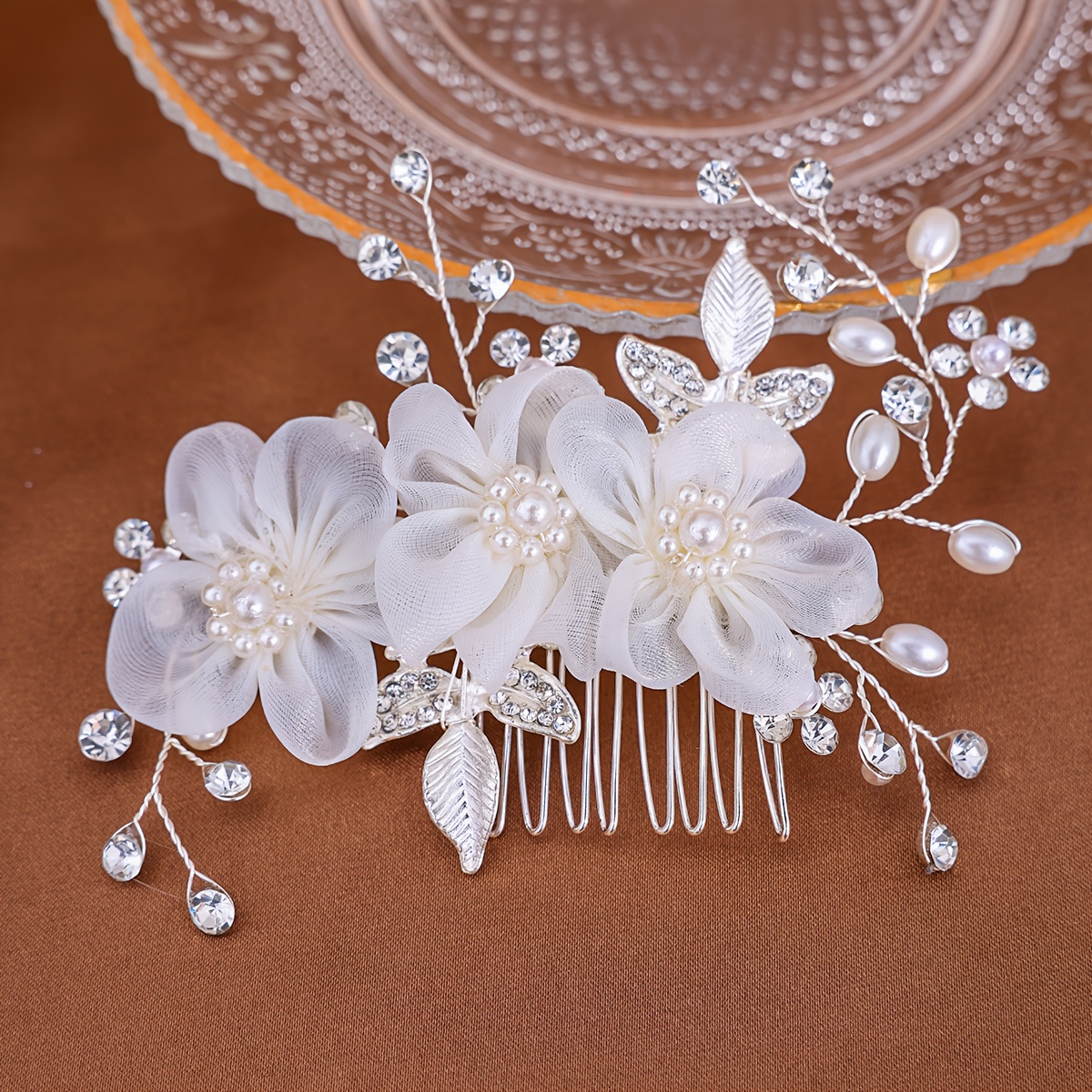Image of 1pc Elegant Hair Bun Hairpin Handmade Woven Rhinestone Flower Leaf Hair Comb Party Banquet Styling Additions