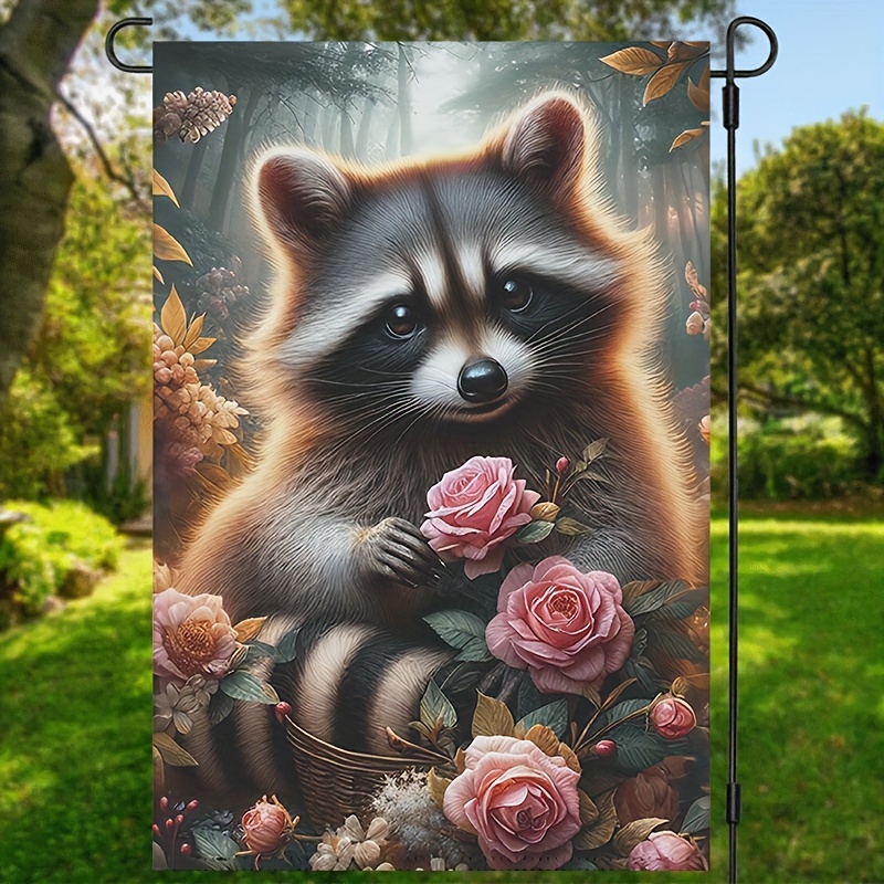 

1pc, Cute Raccoon Garden Flag, Floral Double Sided Print House Flag, Summer Yard Outdoor Decorations, Waterproof Burlap Banner 12*18inch