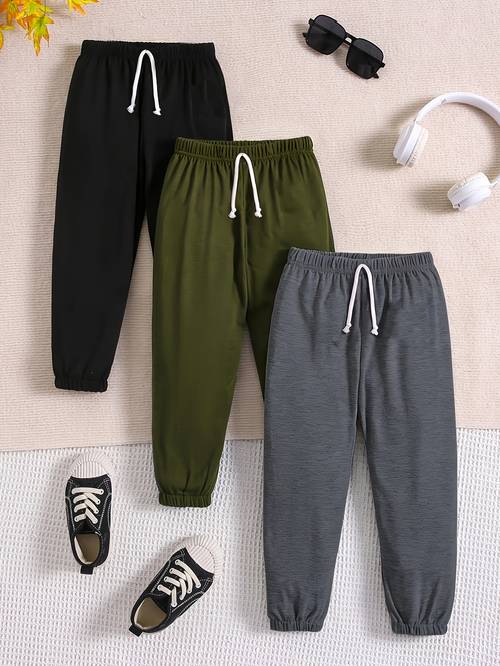 item picture 3 piece young boys casual simple sweatpants set stretch knit solid color elastic waistband and cuffs waist cord comfortable jogging pants suitable for spring and autumn daily wear and outdoor activities running cycling halloween