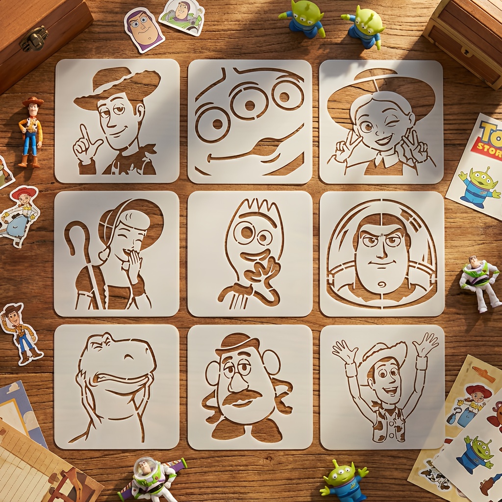 E-shop 9-teiliges Toy Story Schablonen-Set | Wiederverwendbare Charakter Bastelvorlagen für Kunstliebhaber und Anfänger, Enthält , , Jessie, , , Rex,