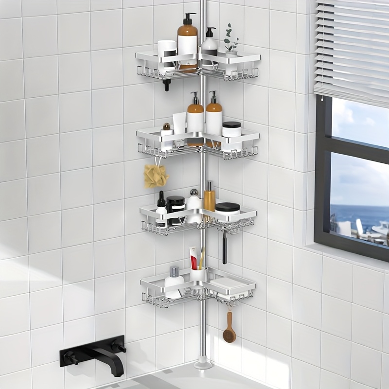 TEMU A Four-tier Stainless Steel Tension Rod Storage Rack For The Shower, Designed To Stand . This Adjustable Shower Storage Solution Comes With 4 Baskets And Requires No Drilling