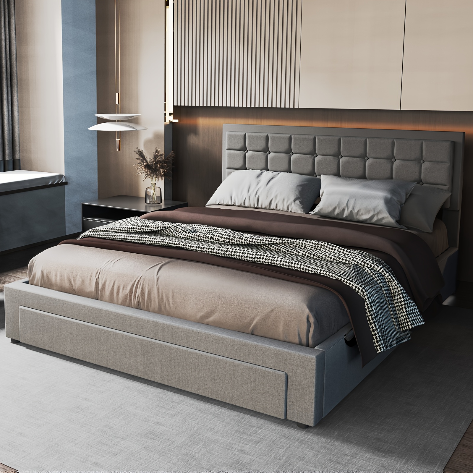 Image of Modern Minimalist Pneumatic Storage Soft Upholstered Bed, 140×200cm Double Bed Frame With Footboard Drawer And Comfortable Backrest, Space- Bedroom Furniture