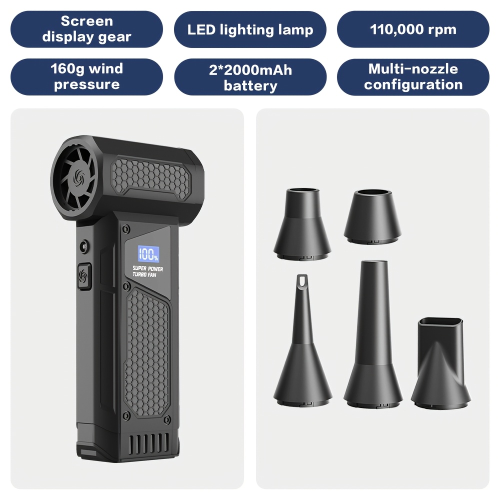 TEMU 110000rpm Air Blower High Power Type-c, 2*2000mah Battery Wireless Turbo Fan Cable 4 Levels Of Wind Speed Light And Portable With Led Light For