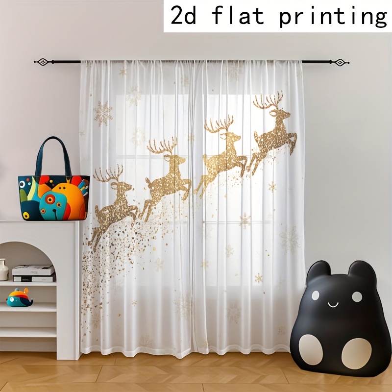 TEMU 2D-flacher, dekorativer Vorhangstoff mit goldenem Weihnachts-Rentier- Schneeflockenmuster, 2D-flach gedrucktes Muster, geeignet für Weihnachten,