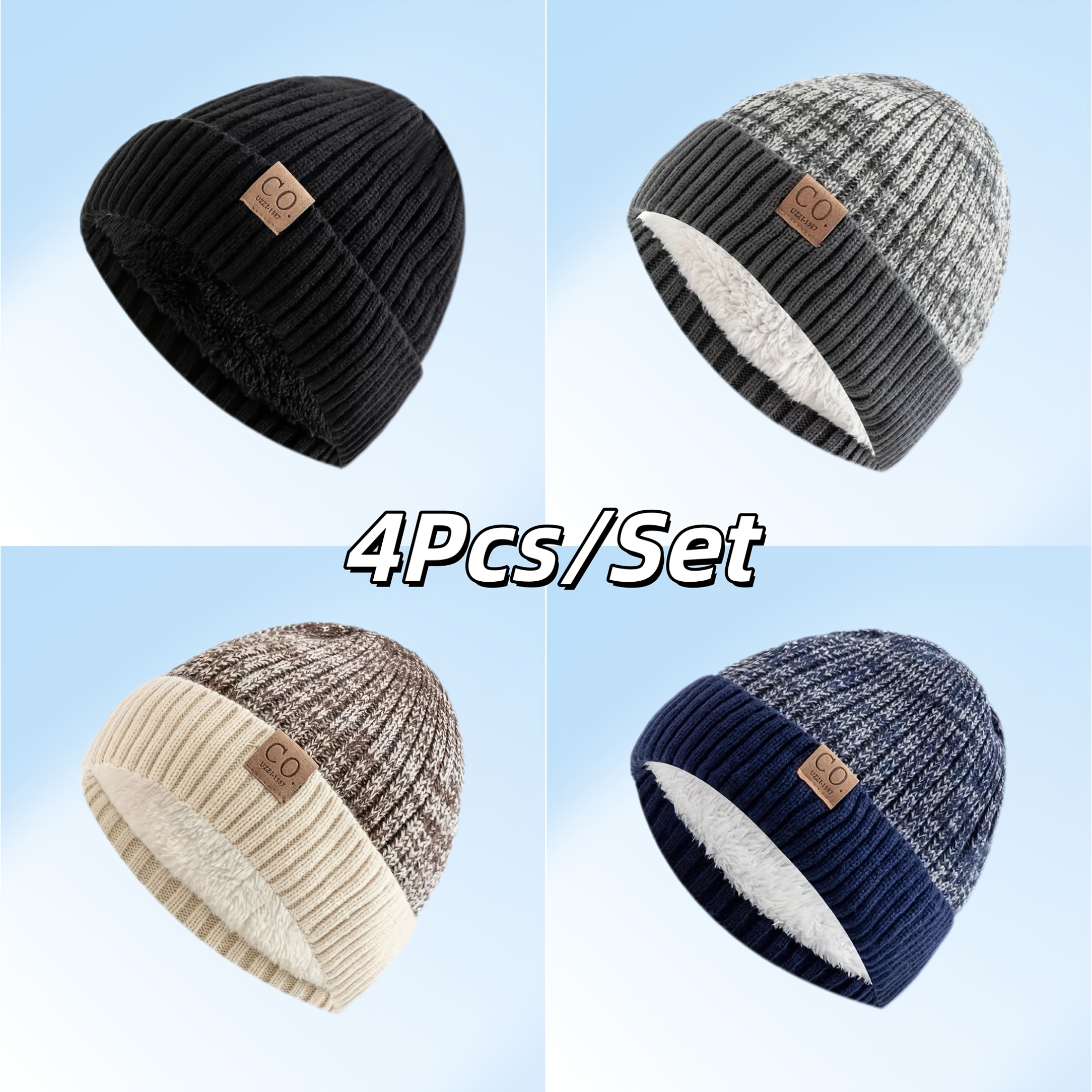 TEMU [clearance] 4pcs Different Warm Beanies For Men And Women - Windproof & Ear-warming Knit Hat, Thick Fleece-lined, Stylish Color , Ideal For