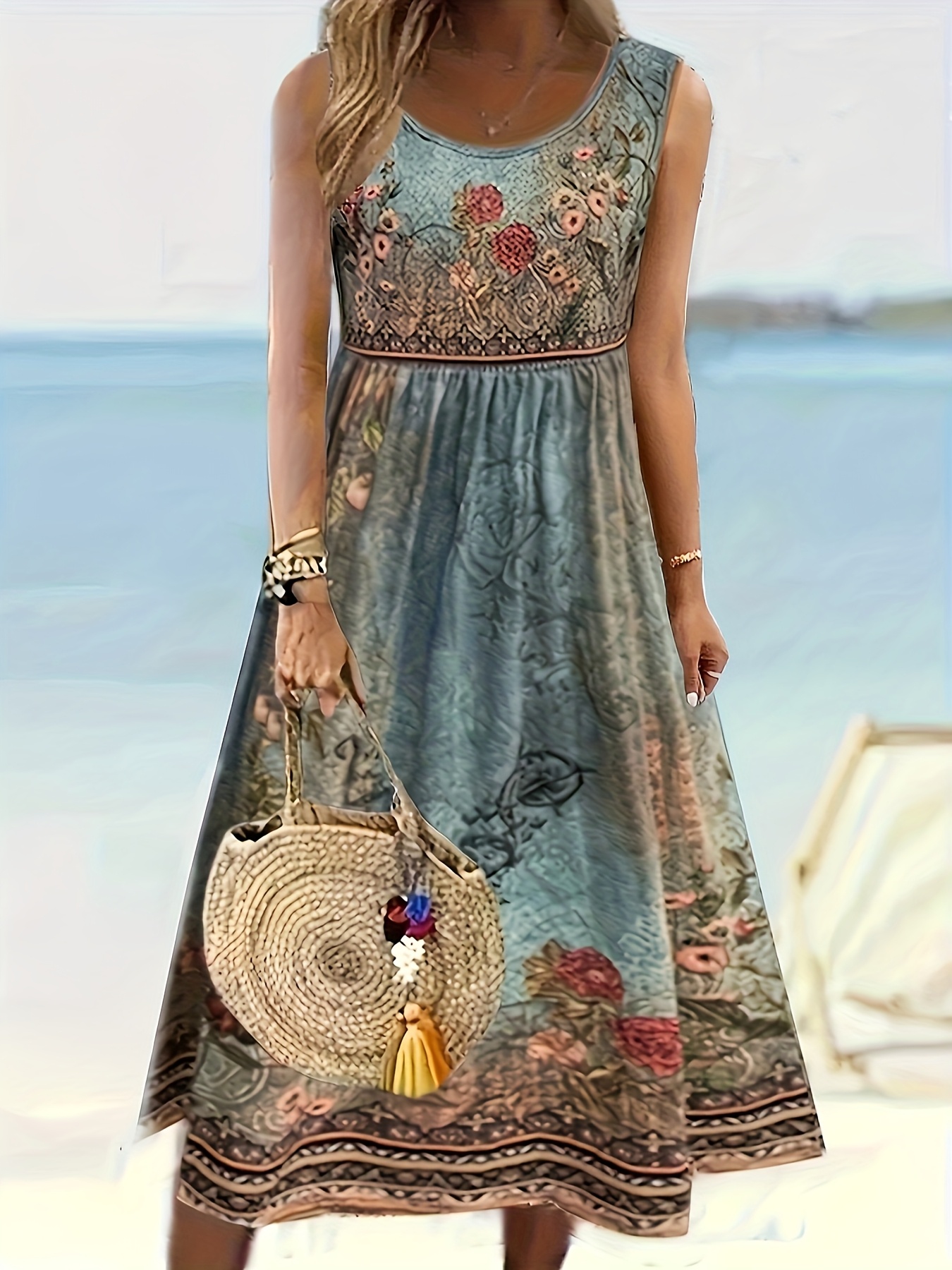 knee length dresses for ladies Oversized Boho Casual Loose Women Print Cotton Sun Dress – Summer Dresses  Canada 🍁 main image 1