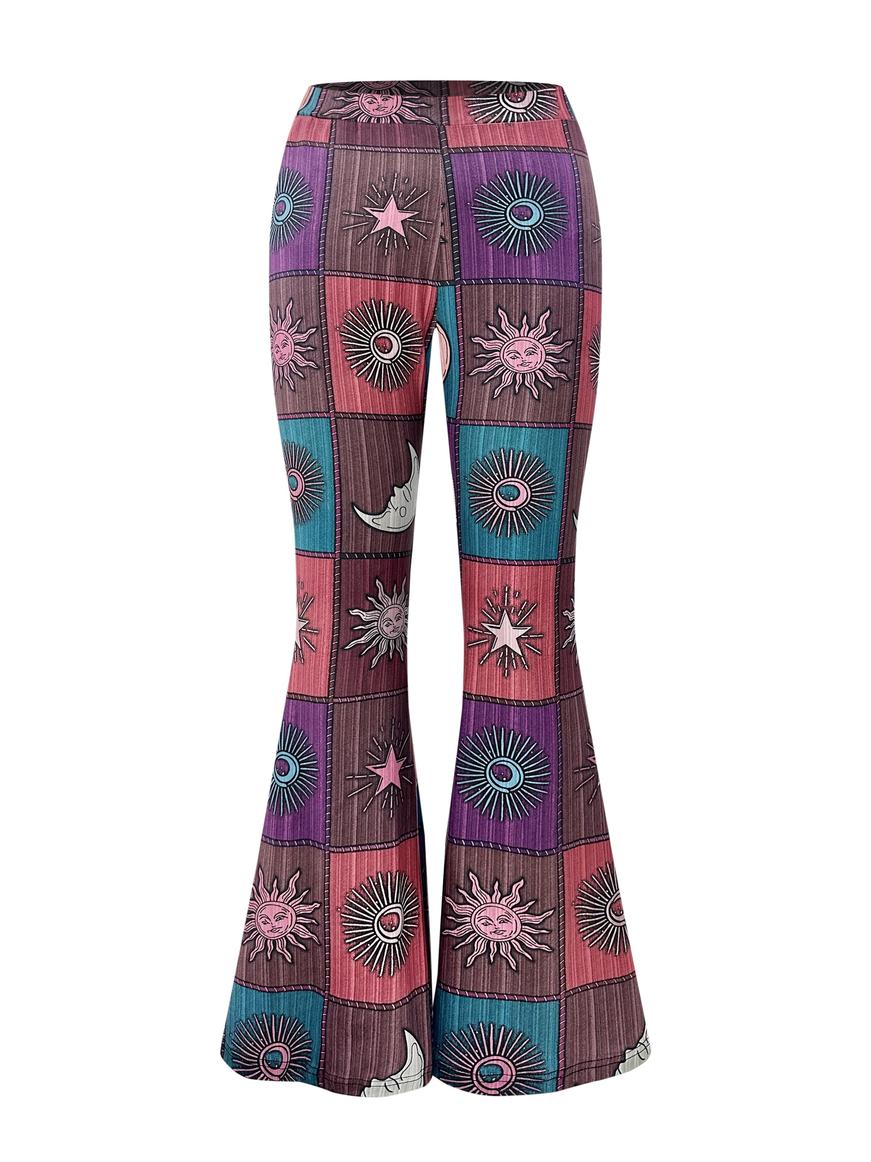 Y2k Graphic Print Flare Leg Pants Hippie Color Block Pants - Temu