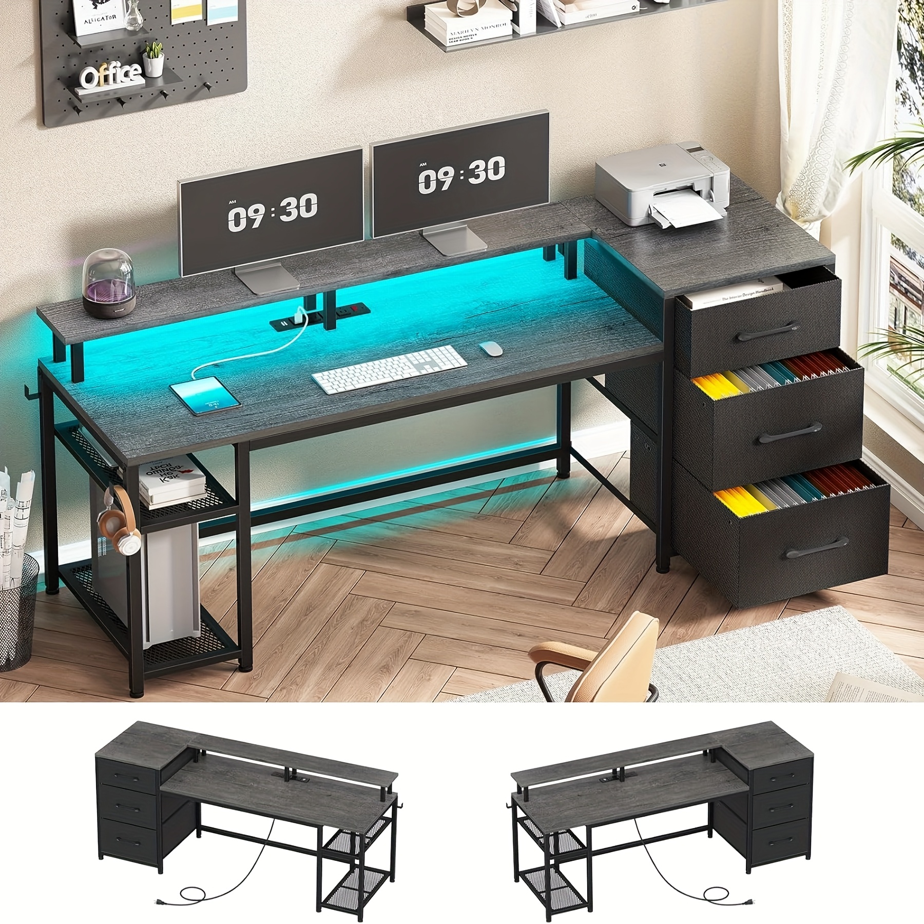 TEMU Reversible Computer Desk With Drawers, 59" Office Desk With Led Lights & Power Outlet, Home Office Desks With File Drawer & Printer Stand, Rustic Brown, Grey, Black