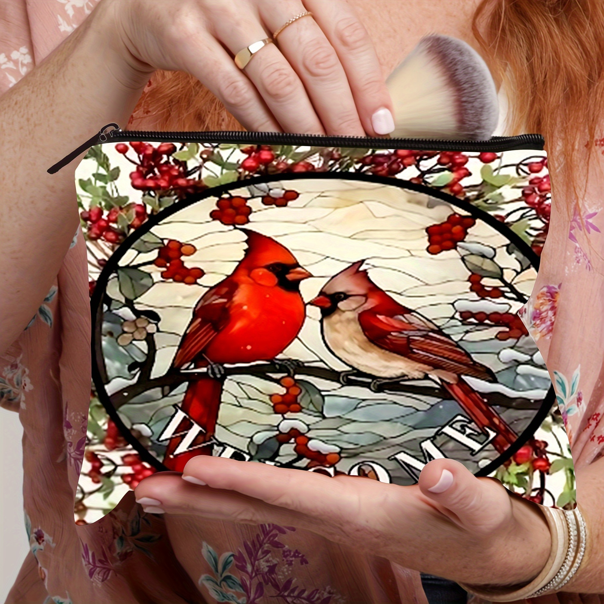 

1pc Fashion Floral And Bird Pattern Women's Cosmetic Bag - For Travel And Daily Use, Canvas Double-sided Printing Zipper Storage Bag, Red, Cosmetic Bag