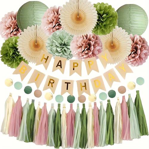 zestaw dekoracji urodzinowych 34 szt. w kolorze oliwkowej zieleni i różu z papieru | art: szałwia i ciemna róż z frędzlami, baner happy birthday, papierowy wachlarz i lampion | ręcznie robione, trwałe materiały | estetyka vintage na imprezy, święta i uroczystości