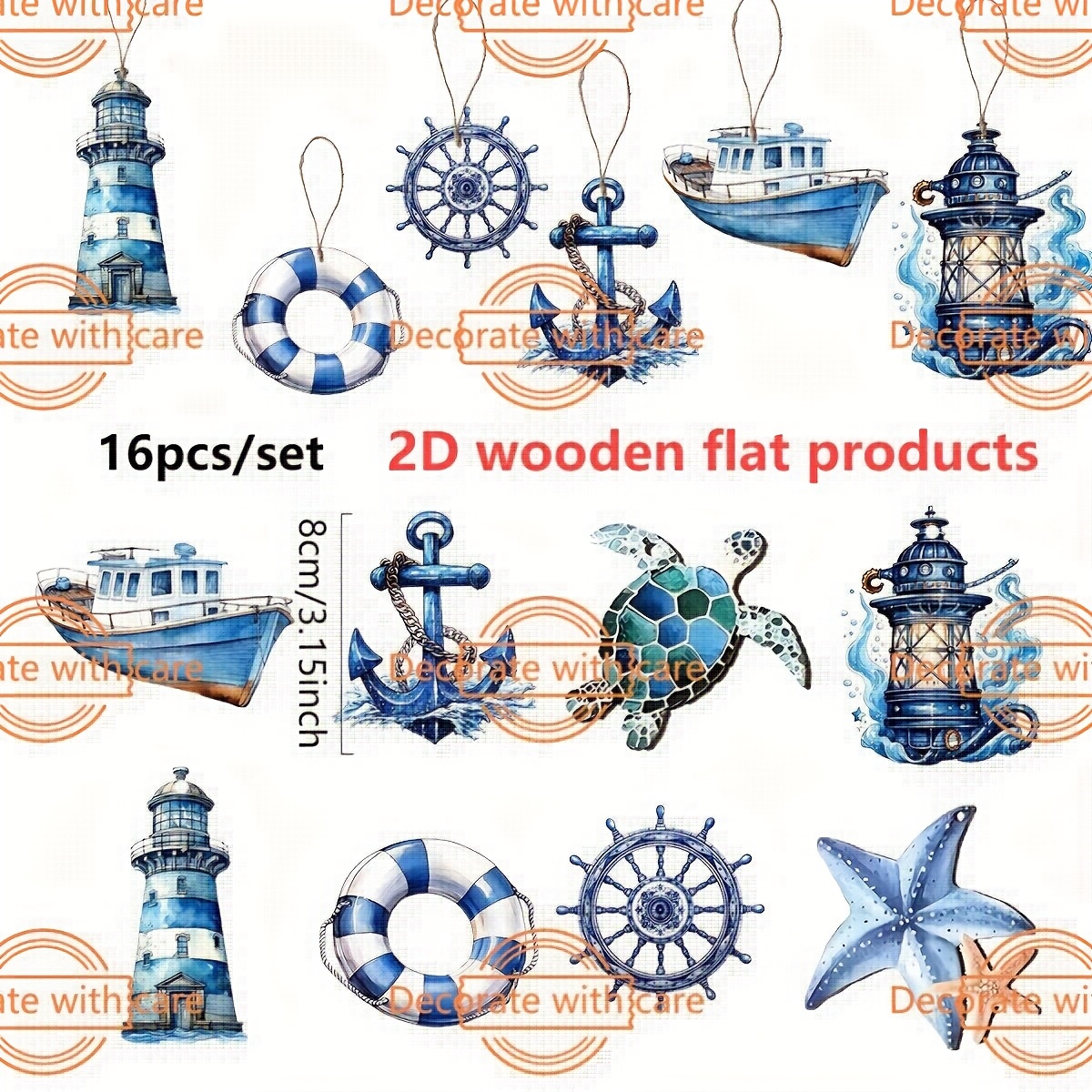 E-shop 2D Flat - 16-teiliges/Set Sommer Ozean Themen Dekoration, 2D Holz Hängeornament, Marine Tier Dekor für Navigation, , Pool Party Dekoration,