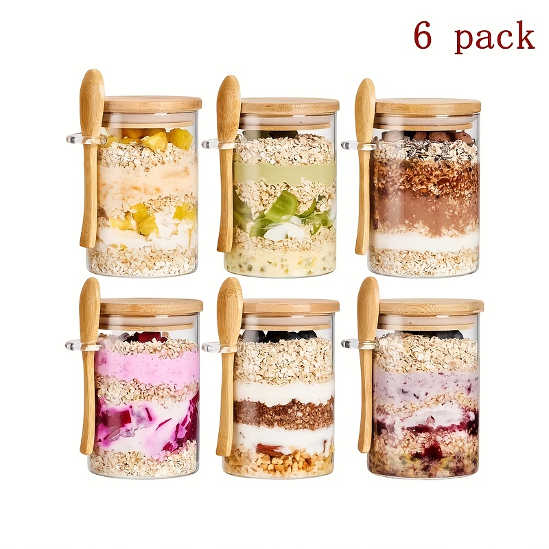 TEMU 4/6pcs 16oz High Borosilicate Glass Dessert Cups With Bamboo Lids, Large Capacity Glass Breakfast Bowls With Spoons, Meal Prep Containers Spice