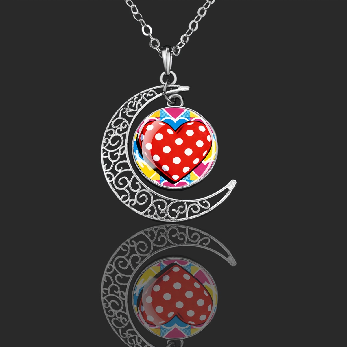 Crescent Moon Necklace with Heart Pattern Pendant