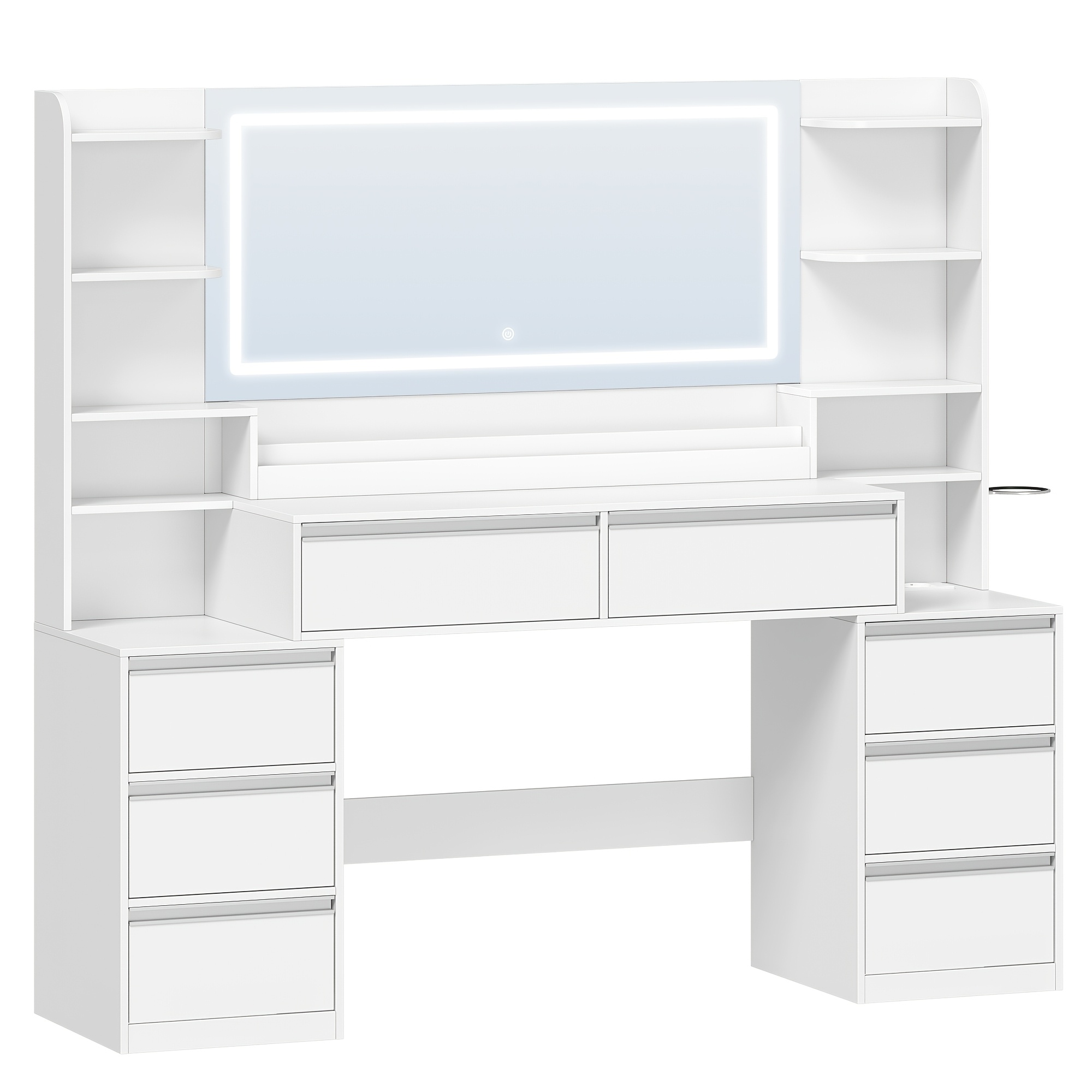 Image of Dressing Table With Large Mirror, Dressing Table And Hair Dryer Holder, 8 Drawers, Open Compartments, 40 X 149 X 140 Cm, Modern Dressing Table