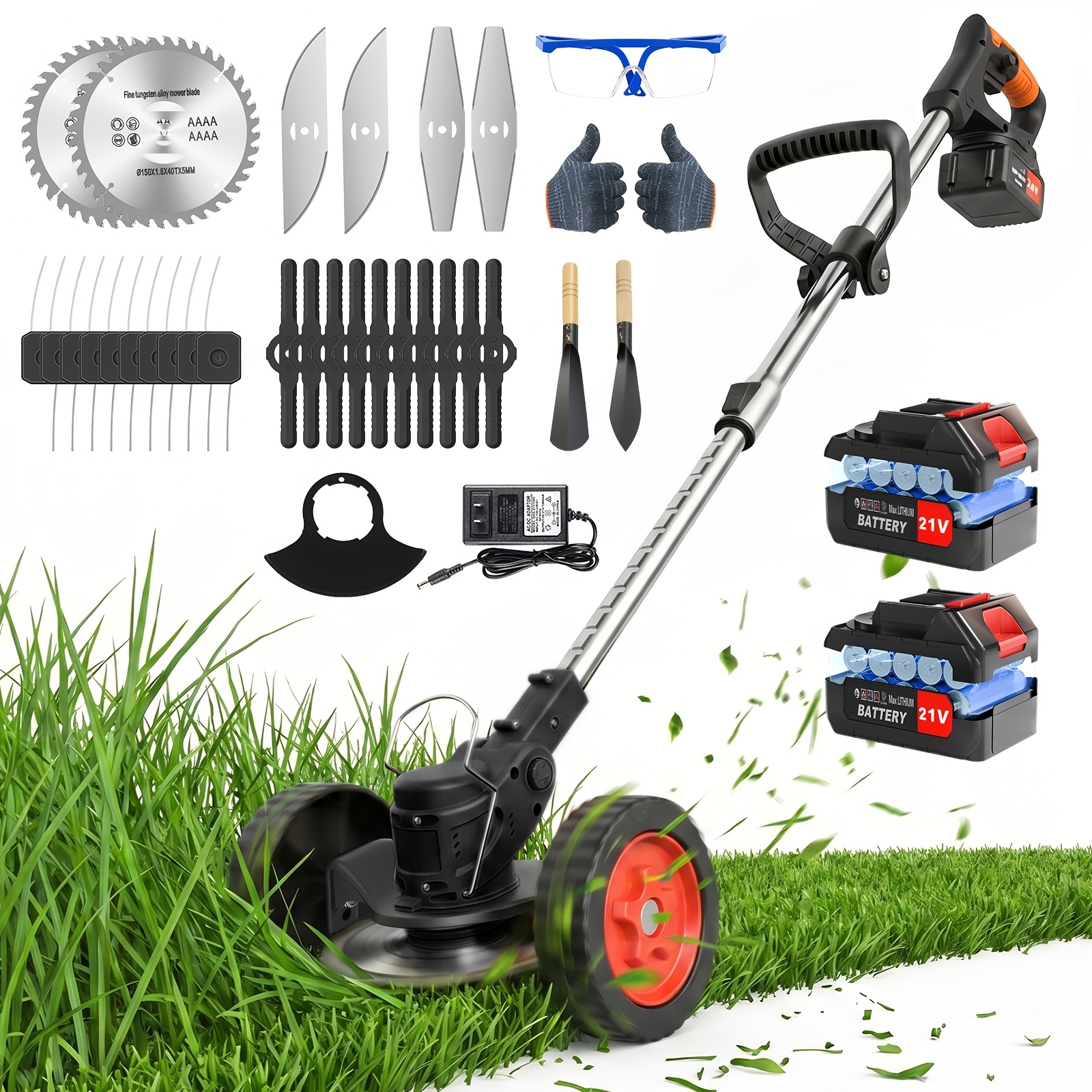 TEMU Portable Cordless Electric Lawn Mower, Cordless Weed Trimmer 21v, 2 Large Batteries, 3-in-1 (plastic/stainless Steel/alloy Saw), 650w Powerful