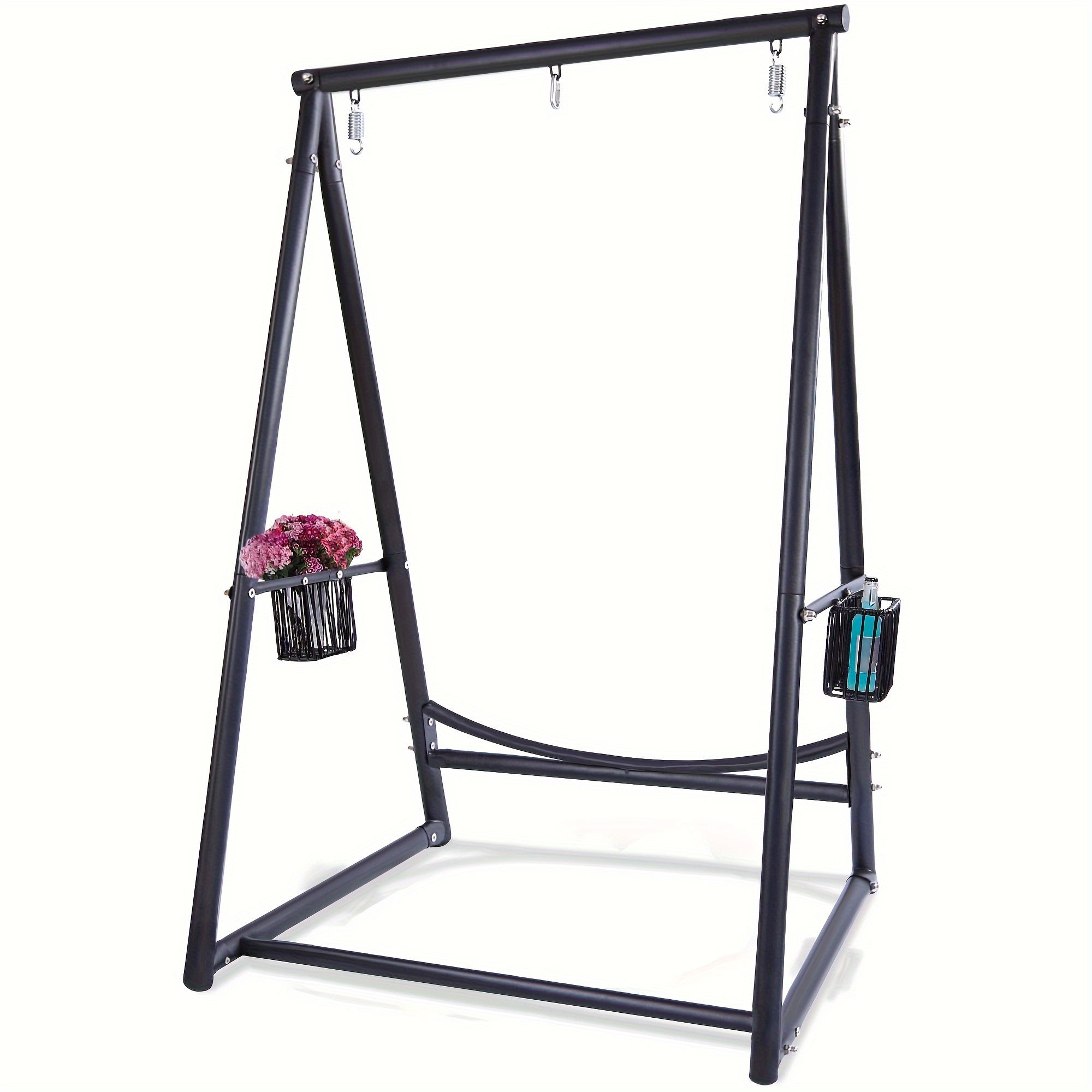 

Triangular Structure Stand With 2 Storage Baskets, Swing Stand With 3 Hooks For Oudoor&indoor