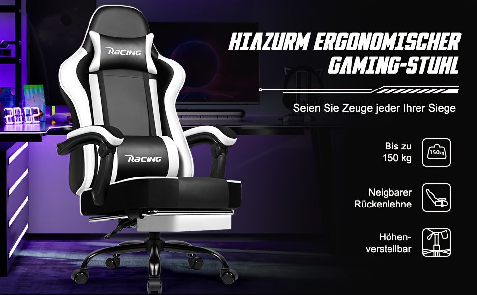 Gaming Chair with Footrest, Ergonomic Gaming Chair, Gaming Armchair with Adjustable Lumbar Cushion, Head Cushion, Height-adjustable And Swivel, PC Chair, Gaming Chair 200kg