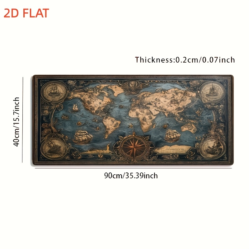 2d Flat 1pc Large Mouse Pad, Retro Style World Map Full Of Sailing And Nautical Elements Scene, Non-slip, Washable Rubber Bottom Large Size Desk Mat Office Desk Accessory