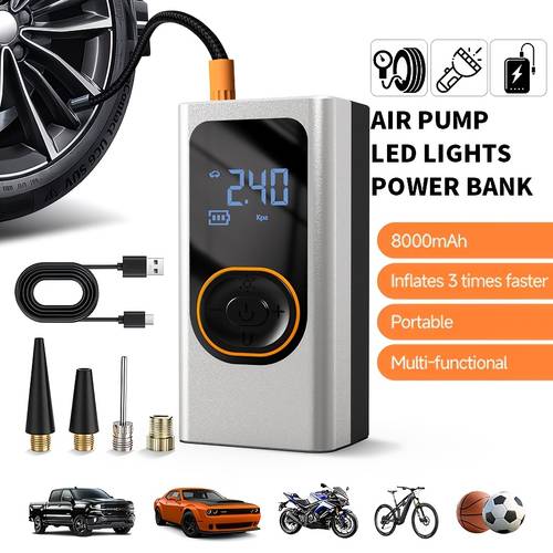 item picture portable tire inflation pump 150 psi fast inflation rechargeable large capacity battery digital pressure gauge led light cordless inflation pump suitable for cars bicycles motorcycles and essential road travel accessories