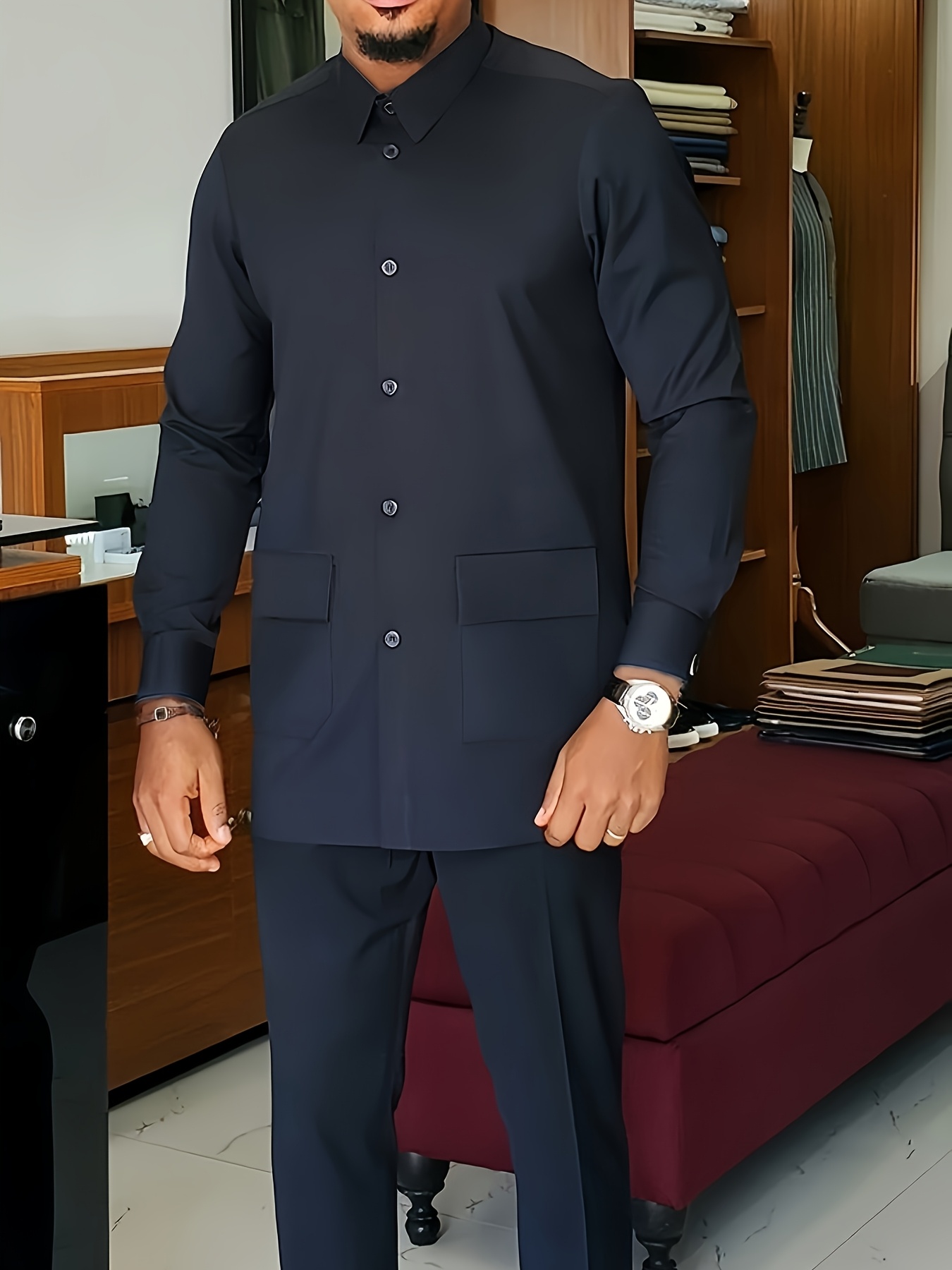 Men's Dashiki 2pcs Suit, Turn- Collar, Single-Breasted Button, Pocket Design Shirt, Drawstring Elastic Waist Long Pants, Suitable for Weddings, Dates, Birthdays, Parties, Celebrations, Commuting Office Men's Clothing