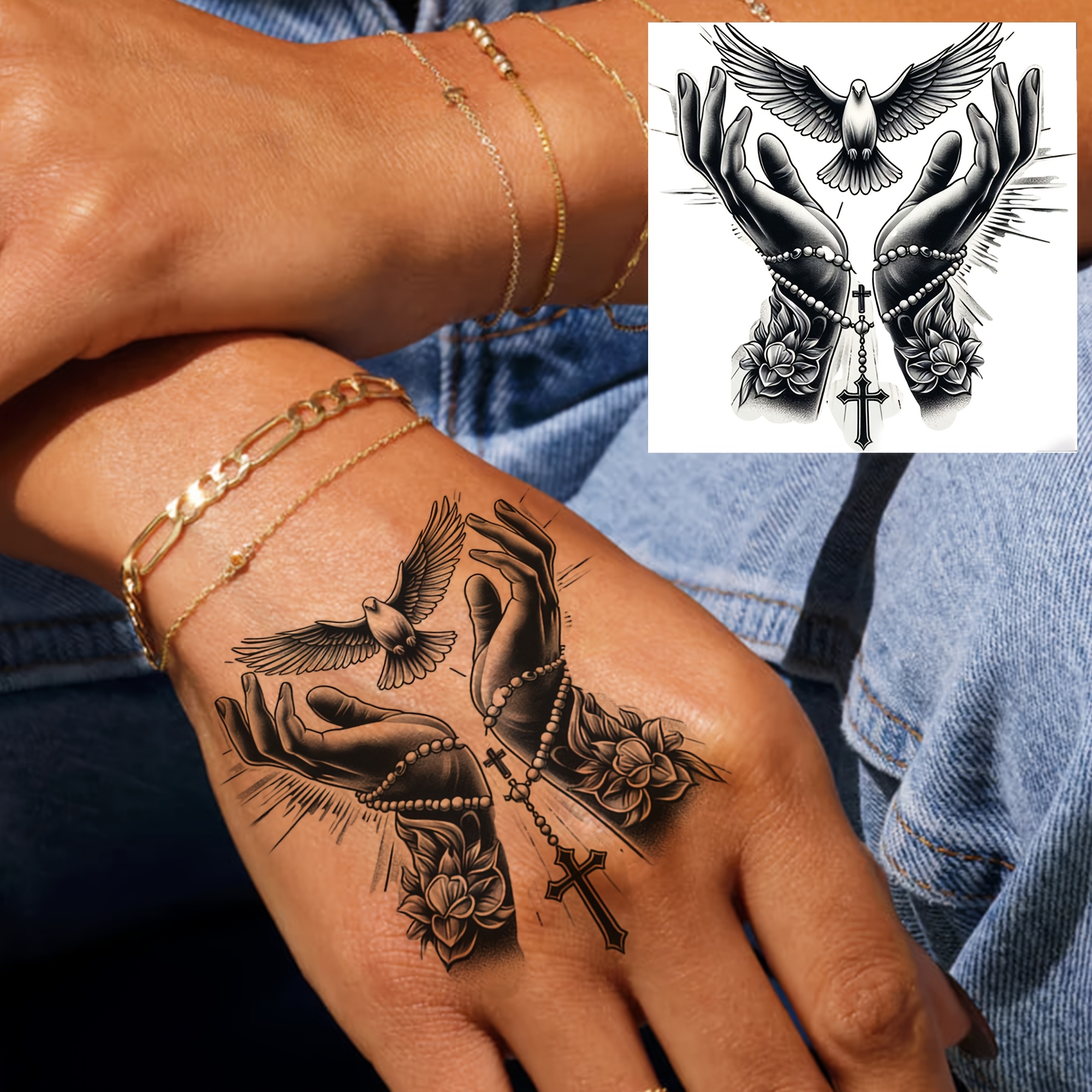 A Temporary Tattoo Of A And Cross For Men And Women, Suitable For Fingers, Ankles, Waist, Legs, Thighs, Forearms, And Calves. This Waterproof And Long-lasting Fake Tattoo Sticker Looks Realistic