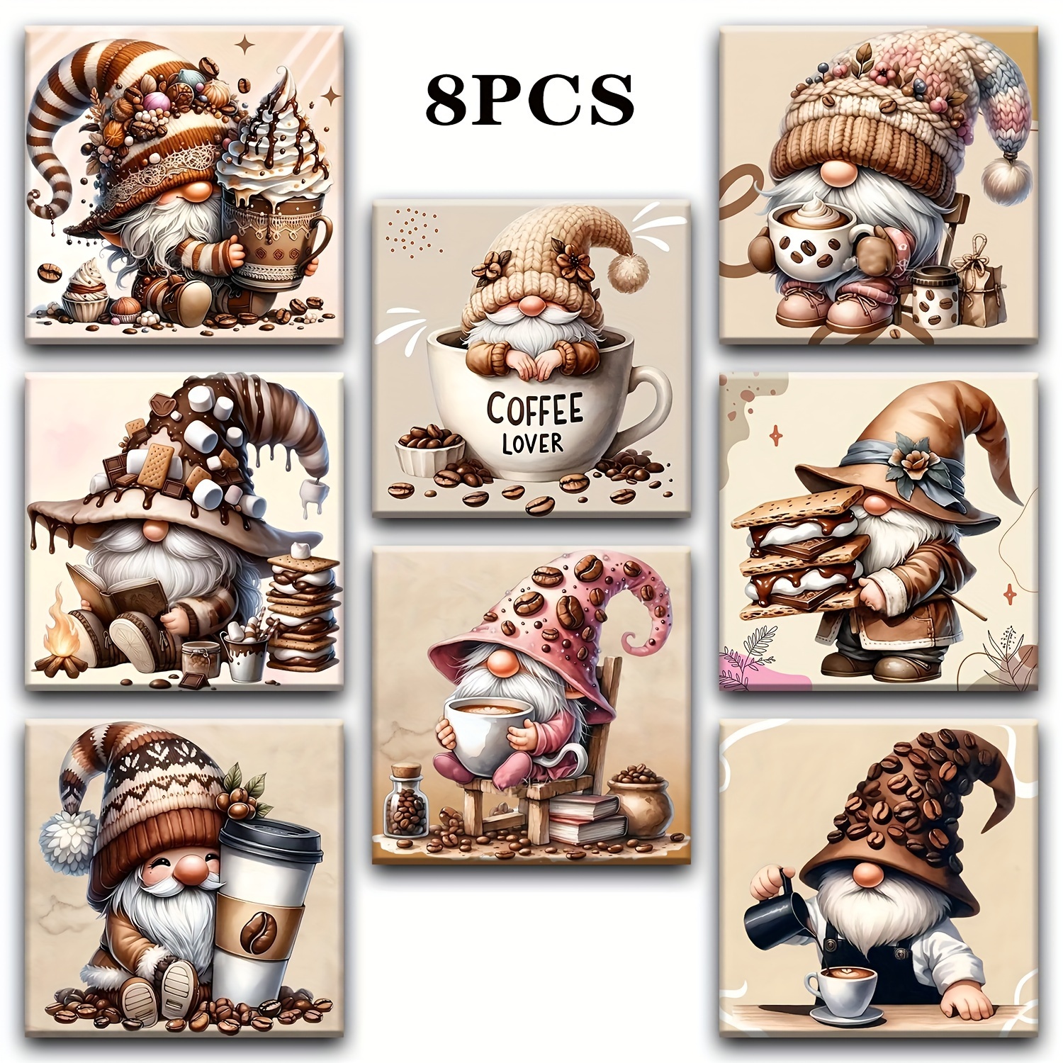 

8-piece Gnome Coffee Coasters Set - Perfect For Christmas, Halloween, Easter, Hanukkah, Thanksgiving, And More - Wooden Coasters With Non-slip Grips