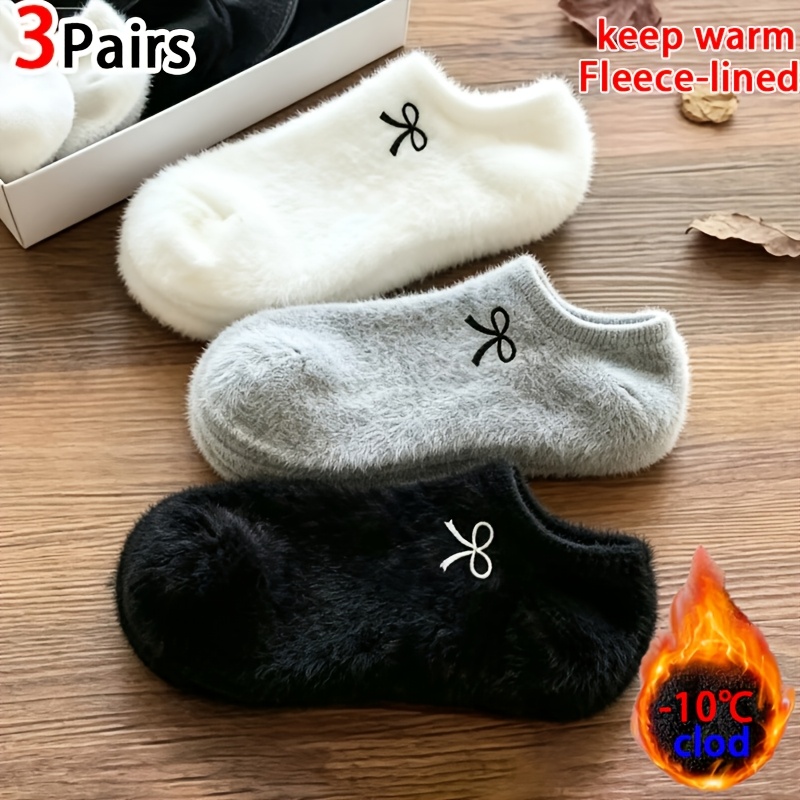 TEMU 3-pair Women's Bow Short Socks, Soft Fluffy Plush Warm And Comfortable Winter Socks, Thickened Short Socks In Black, White, And Gray For Home ,