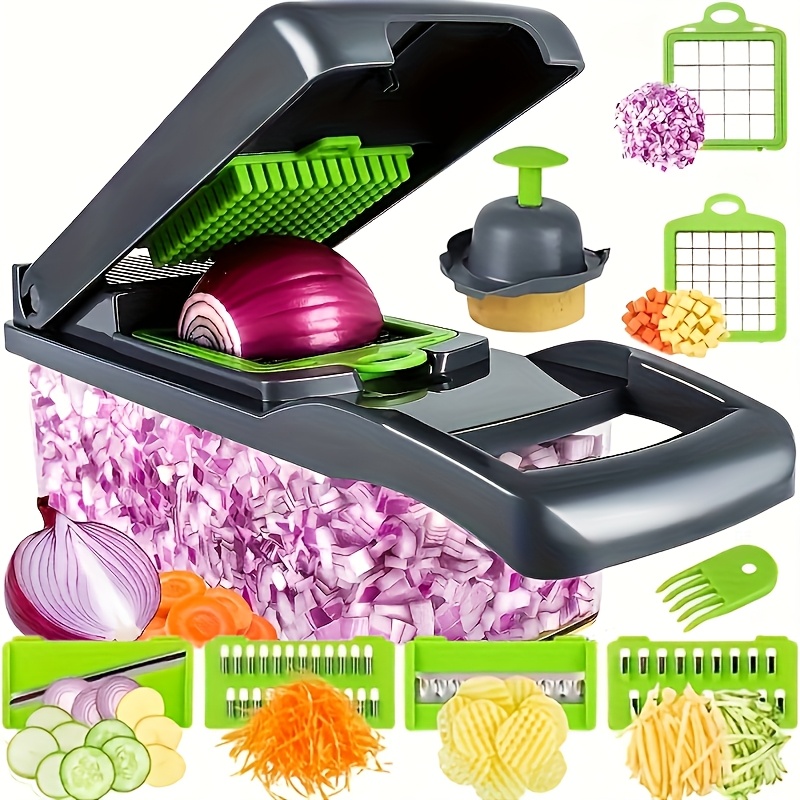 TEMU Hachoir à légumes, coupe-légumes manuel et coupe-oignon avec panier d'égouttage, trancheuse ergonomique pour carottes, ail, pommes de terre,