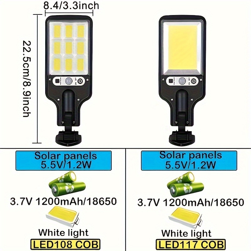 2pcs cob solar wall lights with remote control 3 light modes human induction outdoor solar street lights details 1